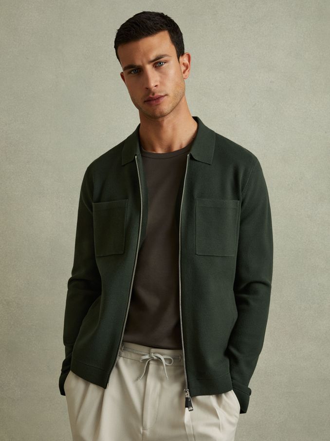 Knitted Zip-Through Jacket in Dark Green (E04287) | $210