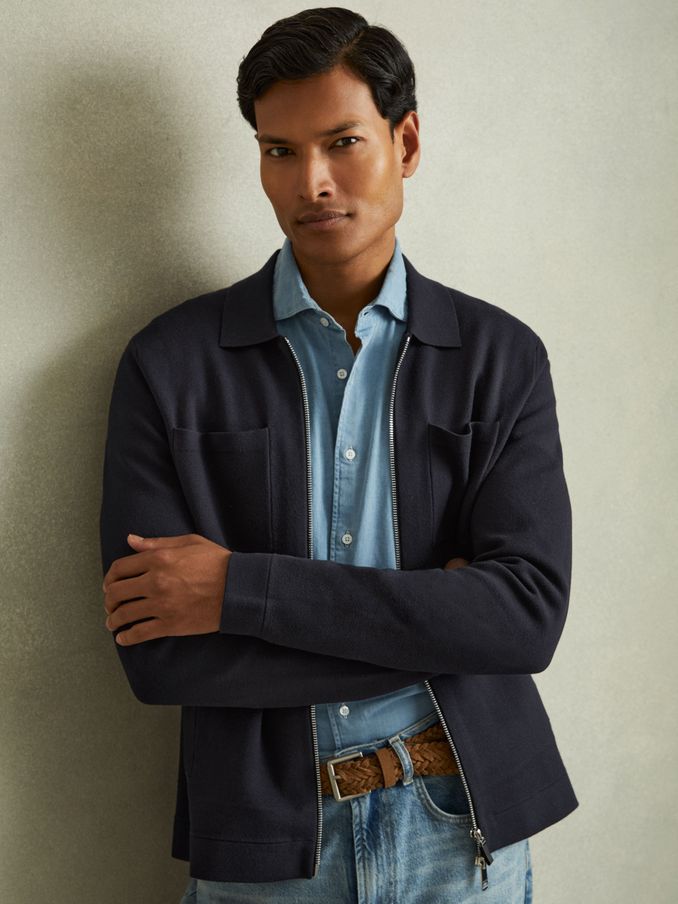 Knitted Zip-Through Jacket in Navy (E04288) | US$285