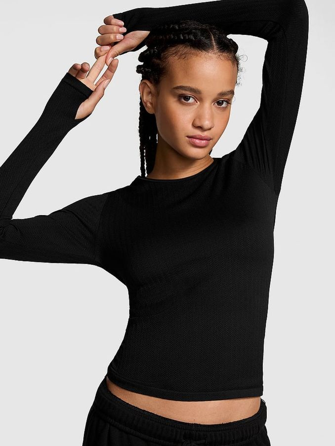 Black Seamless Cable Knit Long Sleeve T-Shirt (E04680) | €46