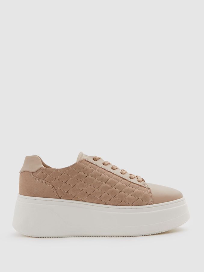 Leather Suede Lattice Trainers in Blush (E06337) | US$132