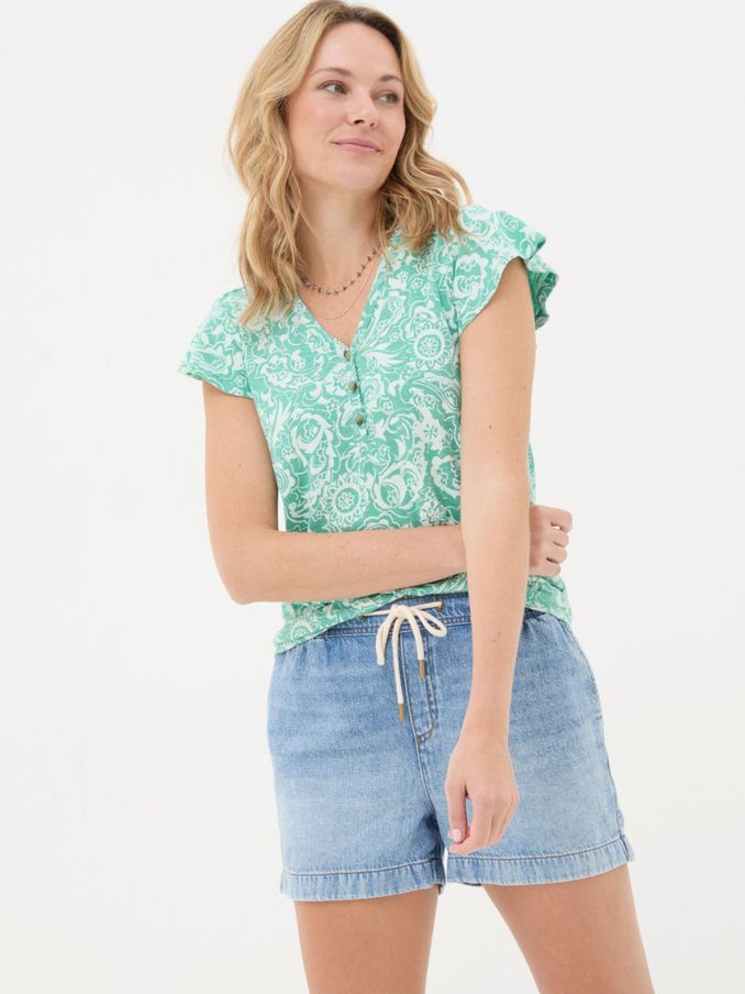 Henley Blue Frill Patch Paisley Top (E06711) | $30