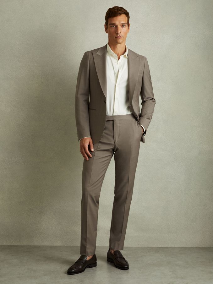 Harley Mushroom Brown Textured Wool Blend Side Adjuster Tapered Fit Trousers (E07146) | CHF 99