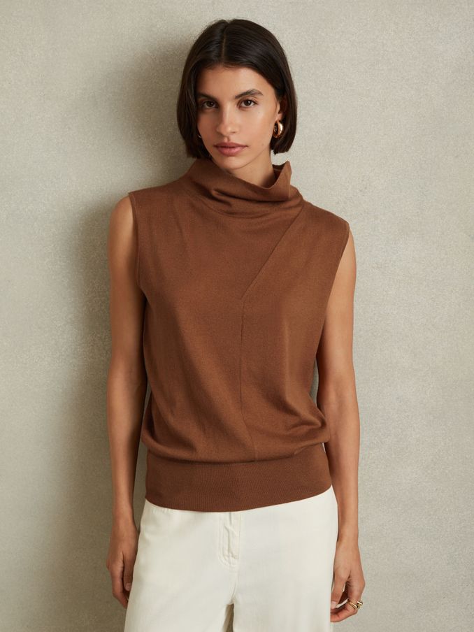 Wool Slouched Sleeveless Top in Toffee (E08138) | US$61