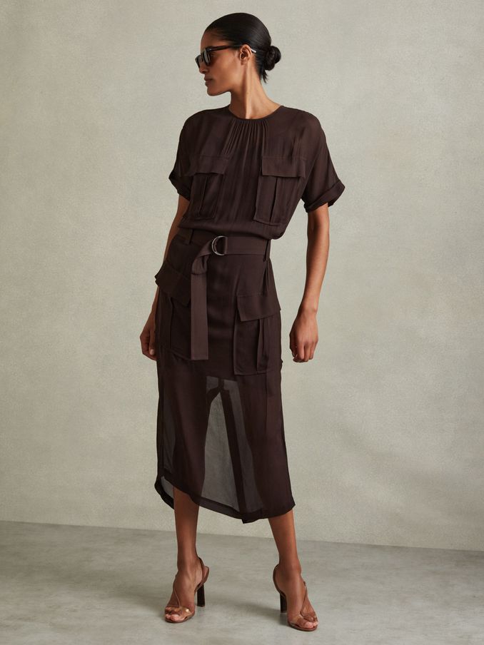 Essie Chocolate Mesh Utility Belted Midi Dress (E08140) | €142
