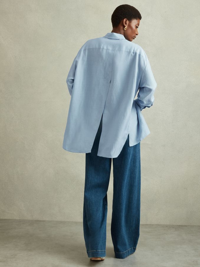 Oversized Shirt With Linen in Blue (E08146) | US$66