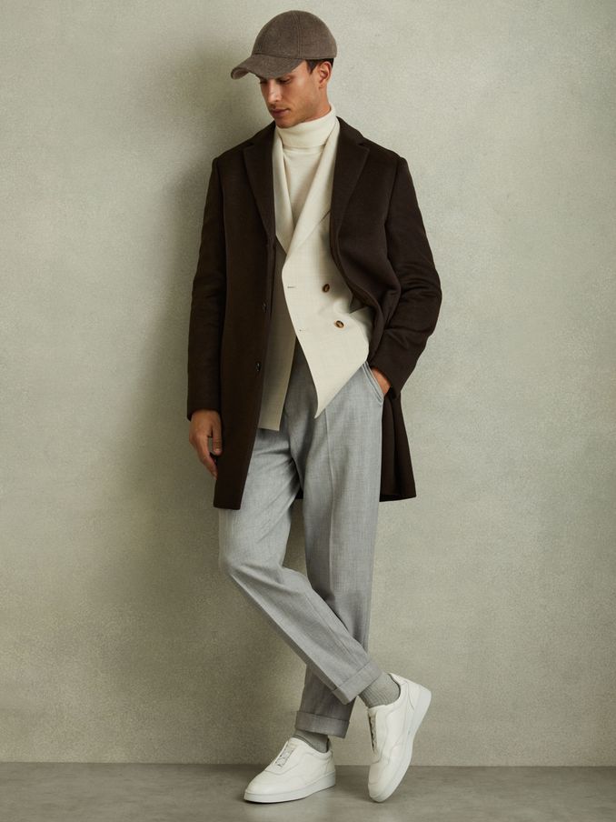 Wool Blend Single Breasted Epsom Overcoat in Chocolate Brown (E08152) | €326