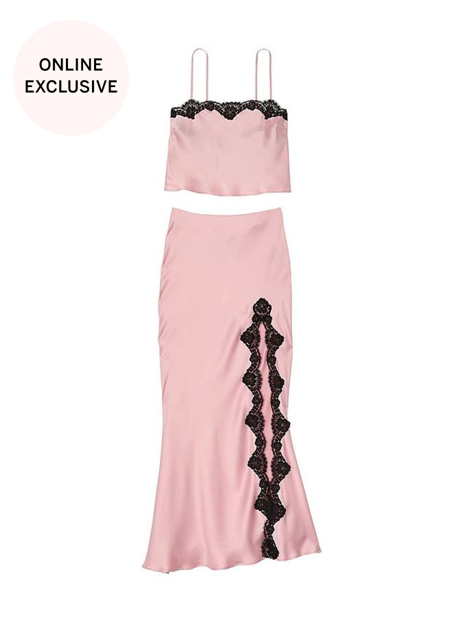 Chalk Rose Pink Satin Lace-Trim Cropped Top & Slip Skirt Set (E08526) | €98