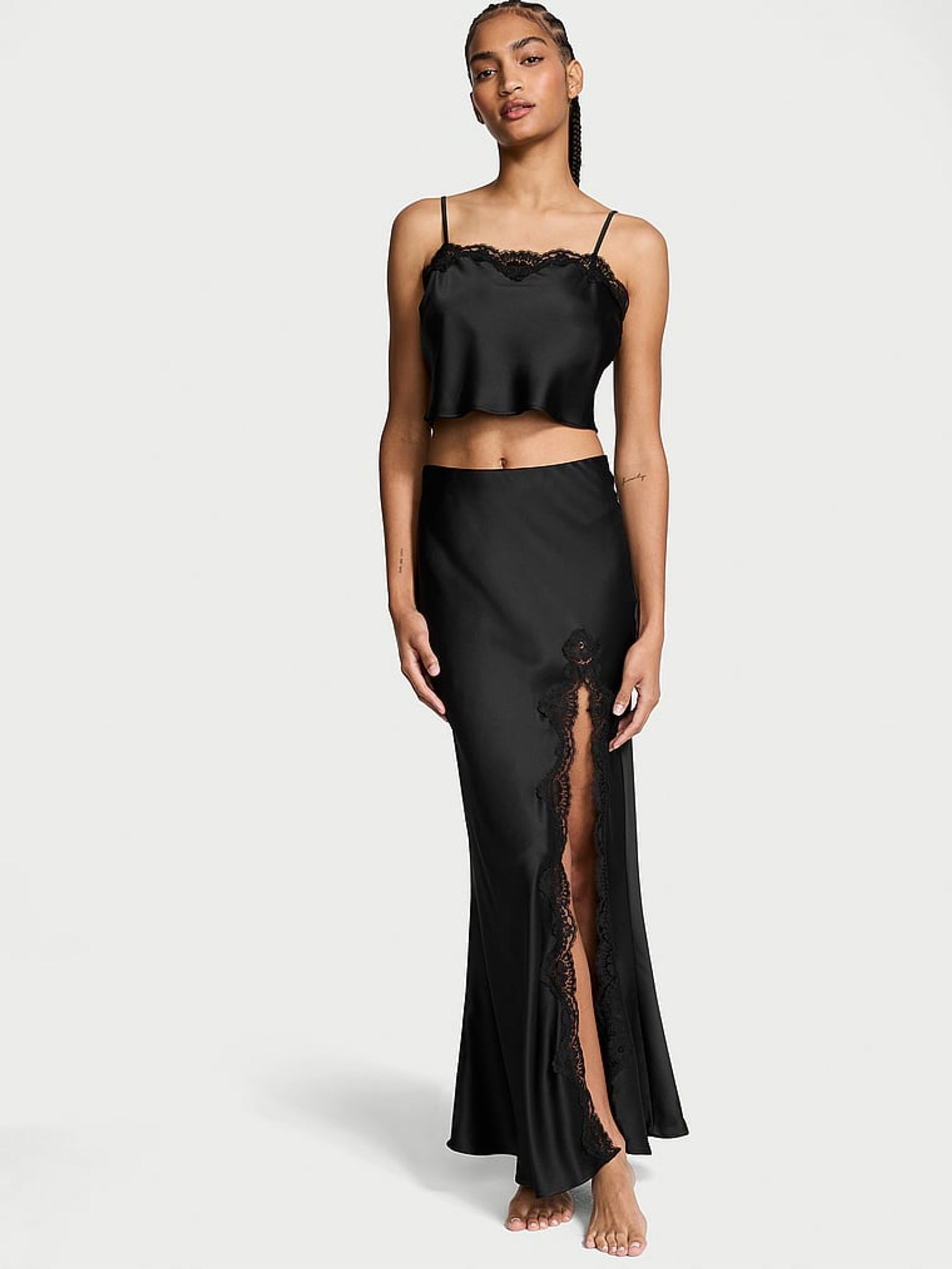Black Satin Lace-Trim Cropped Top & Slip Skirt Set (E08531) | €98