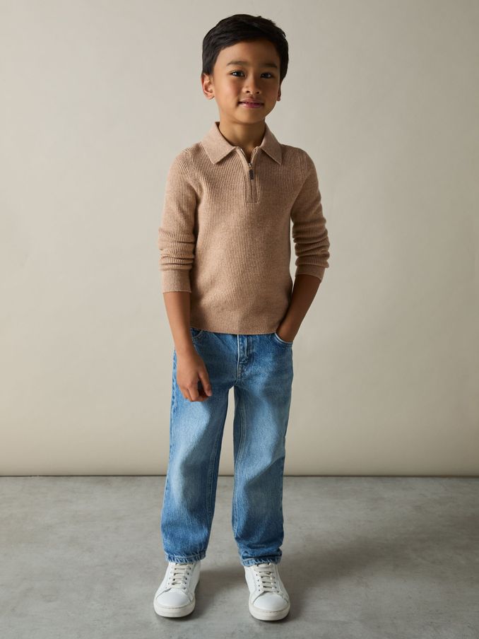 9 - 13 jr zachte kameelbruin merinowollen poloshirt met kwartrits (E08797) | € 42