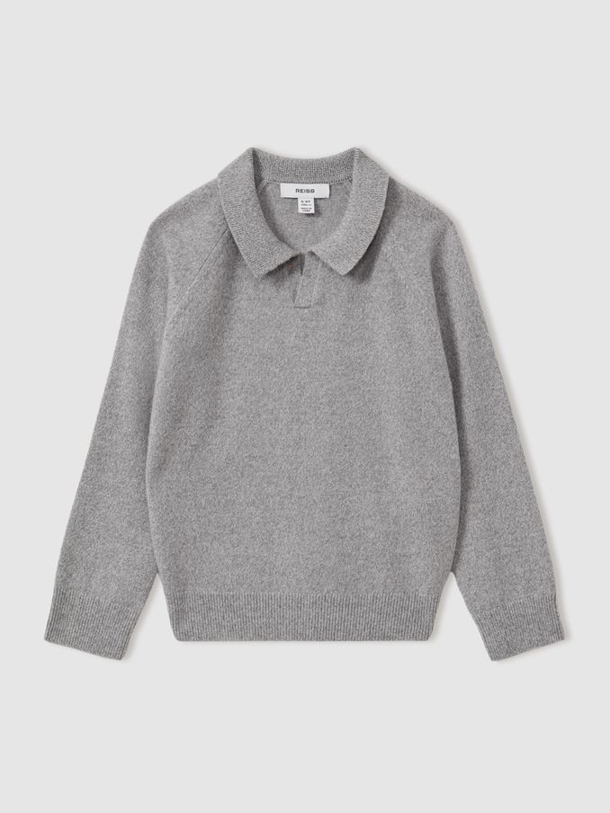 Junior Wool-Cashmere Open Collar Polo Shirt in Grey Melange (E08802) | US$31