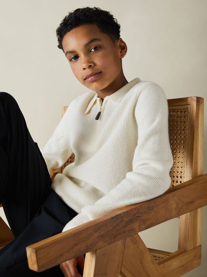 9-13 yrs Merino Wool Quarter Zip Polo Shirt in Off White (E08805) | US$50
