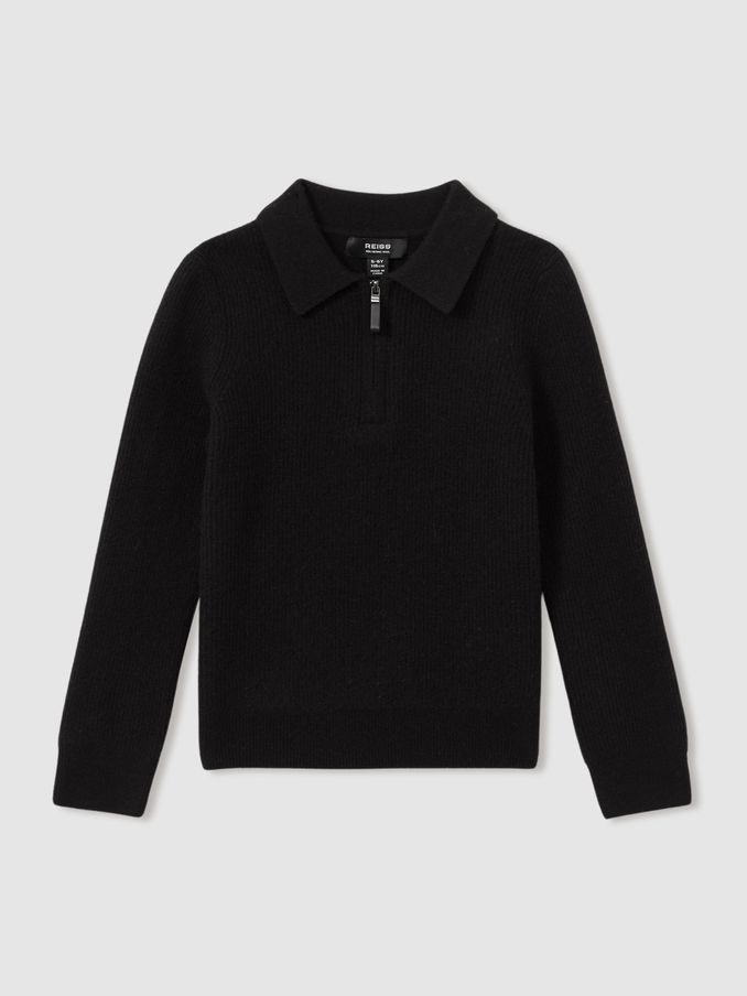 9-13 yrs Merino Wool Quarter Zip Polo Shirt in Black (E08808) | US$50