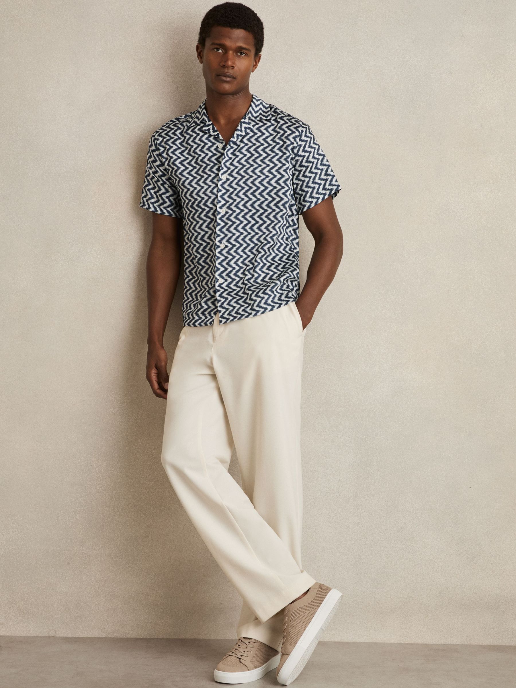 Zig-Zag Print Cuban-Collar Shirt in Navy (E10231) | $44