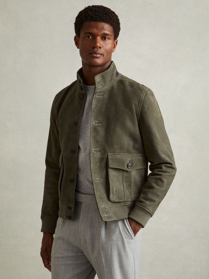 Suede Harrington Jacket in Light Khaki Green (E11016) | €297