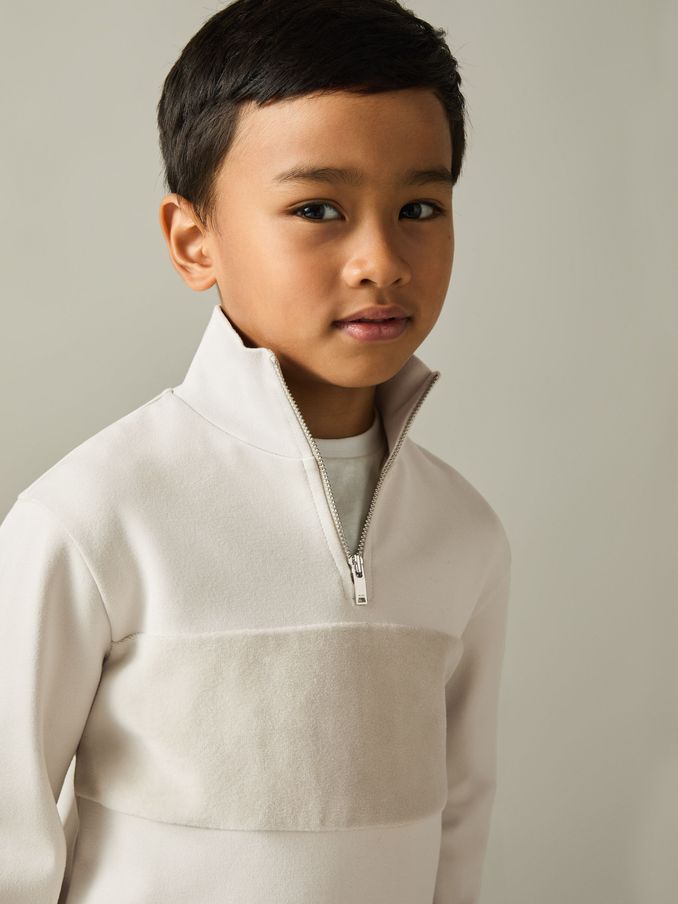 9-13 yrs Slim Fit Half-Zip Funnel Neck Velour Sweatshirt in Taupe (E11023) | US$50