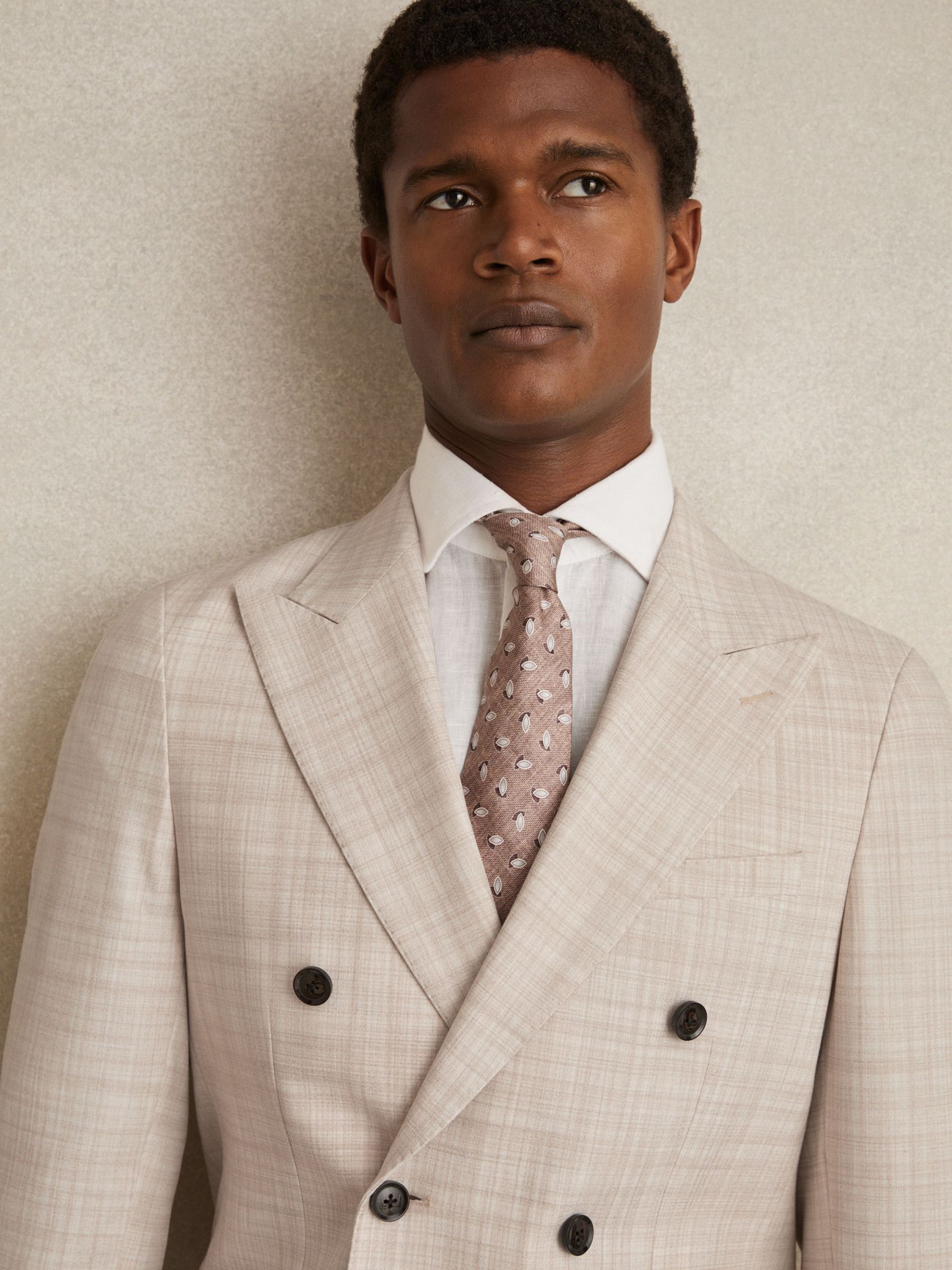 Double-Breasted Check Suit Blazer Regular-Fit in Stone (E11034) | US$380