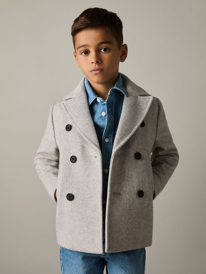 9-13 yrs Wool-Blend Twill Double-Breasted Coat in Soft Grey Melange (E11038) | €145