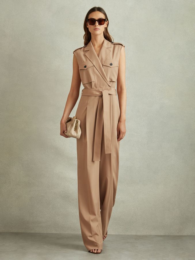 Wool Blend Double Breasted Belted Jumpsuit in Stone (E11041) | US$119