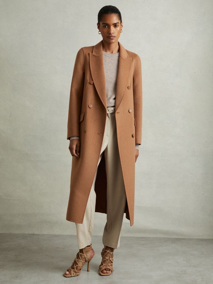Wool-Blend Double-Breasted Blindseam Coat in Toffee (E11891) | US$243