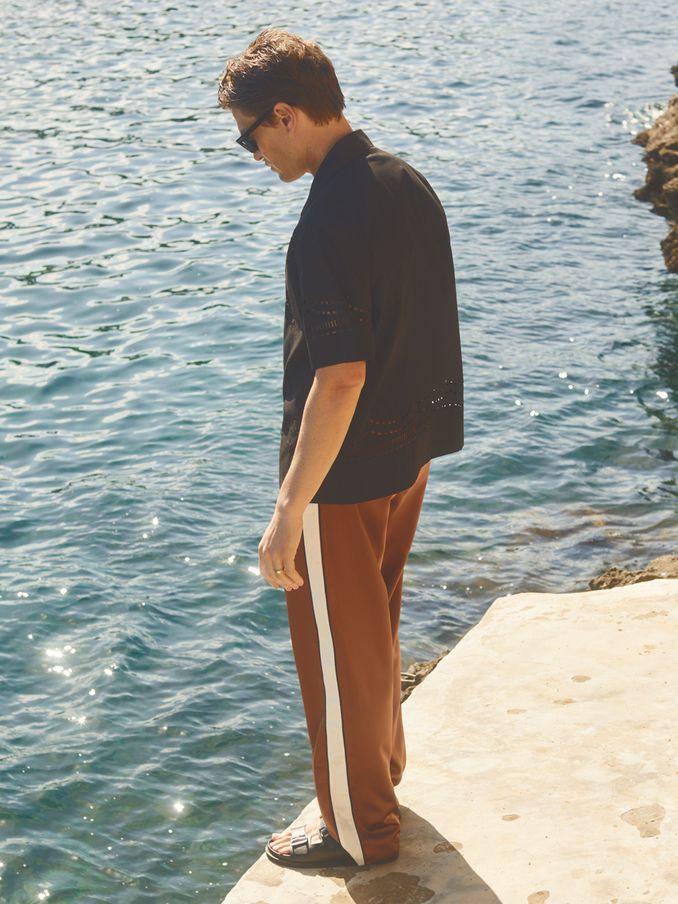 Basa Tobacco/Ecru Ché Satin Effect Colourblock Drawstring Trousers (E11894) | US$144