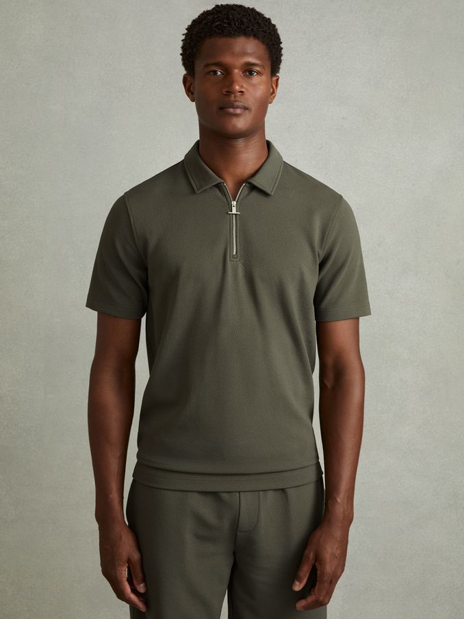 Textured Zip-Neck Polo Shirt in Green Smoke (E11906) | US$110