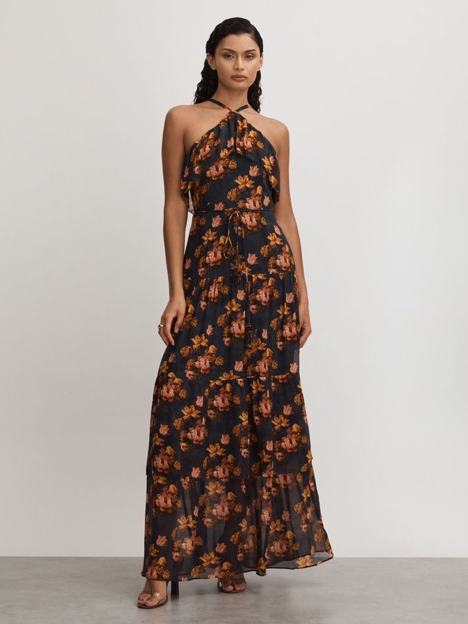 Calypso Navy Paige Silk Georgette Floral Print Maxi Dress (E12428) | US$475