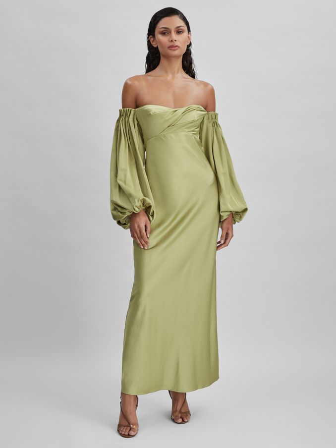 Significant Other Satin Off-The-Shoulder Maxi Dress in Sage (E12431) | $232