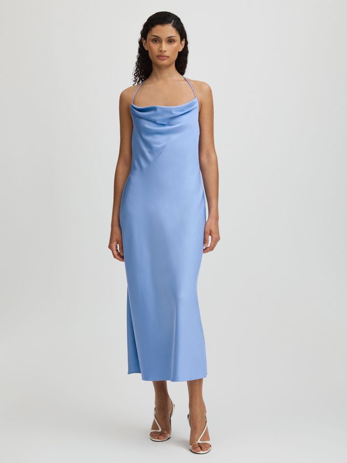 Significant Other Satin Cowl Neck Midi Dress in Blue (E12437) | US$193