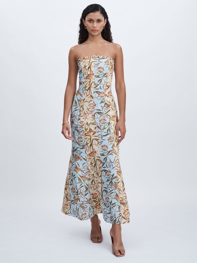 Significant Other trägerloses Midikleid aus Leinenmischung mit Blumenmuster in Blau/mehrfarbig (E12438) | 260 €