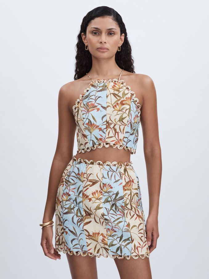 Significant Other Linen-Blend Floral-Print Cropped Top in Blue Multi (E12443) | US$172