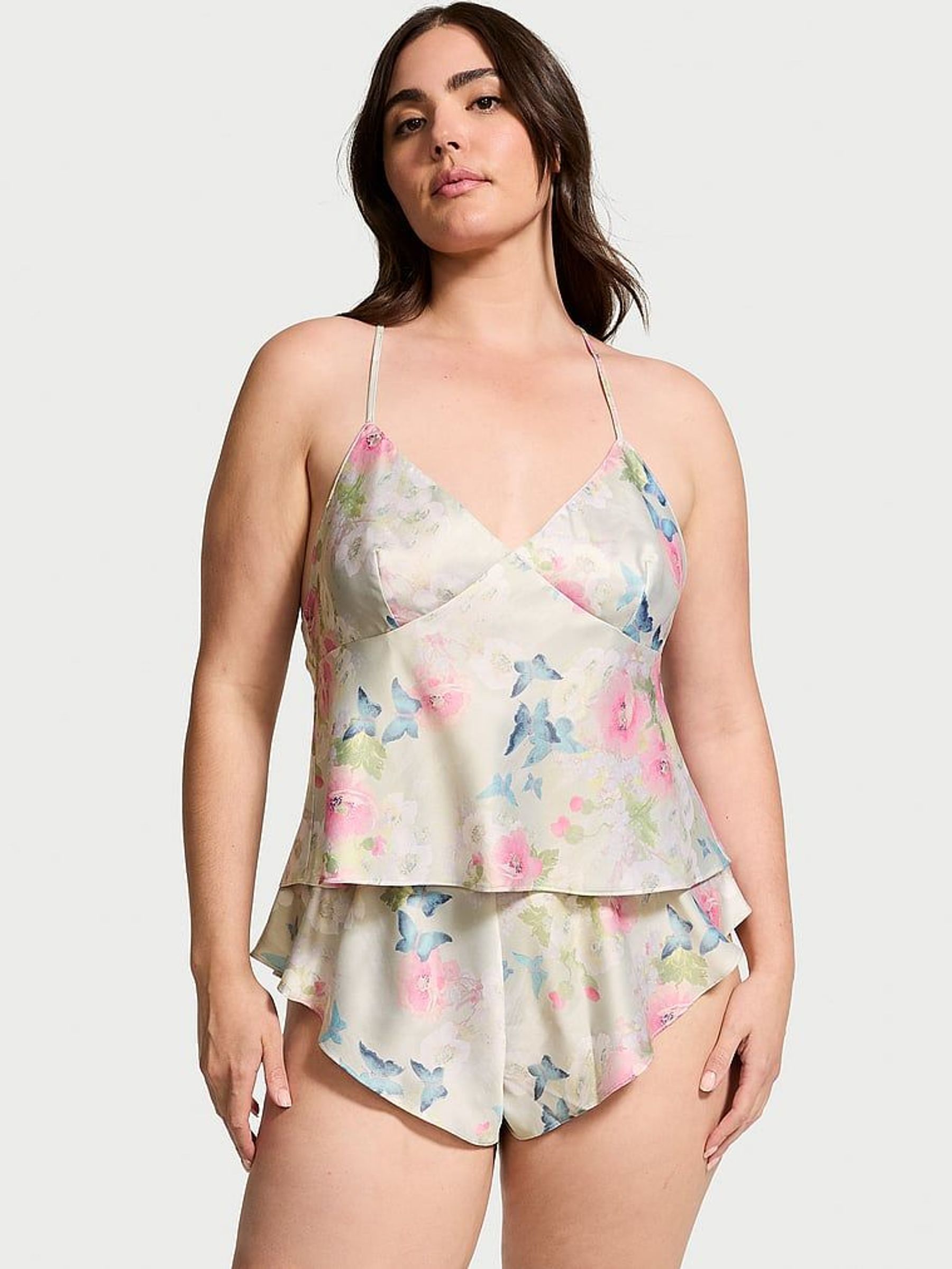 Pink Delicate Garden Print Satin Open Back Cami & Shorts Set (E12636) | €68