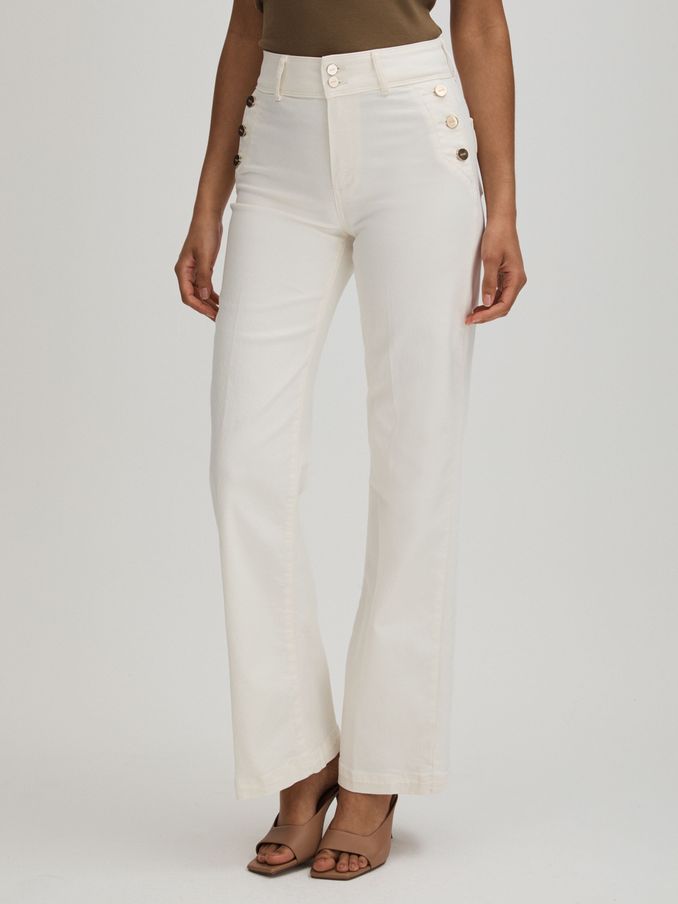 Aubrey 32 Ecru Paige High Rise Wide Leg Button Detail Jeans (E12731) | US$250