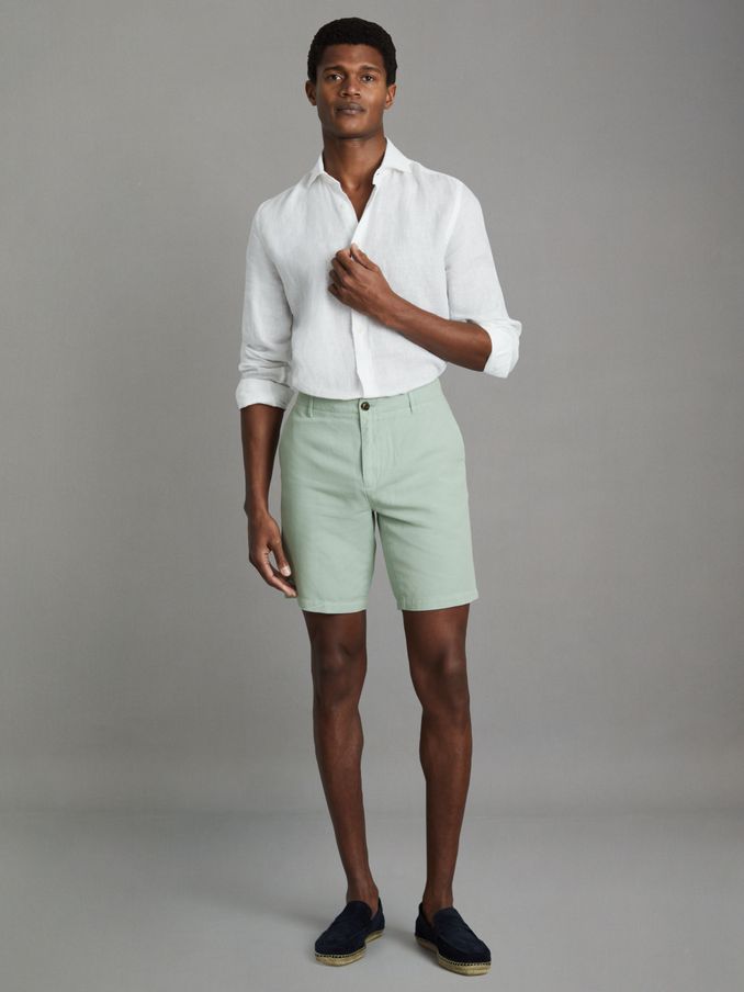 Cotton Linen Blend Internal Drawstring Shorts in Mint (E12929) | US$62