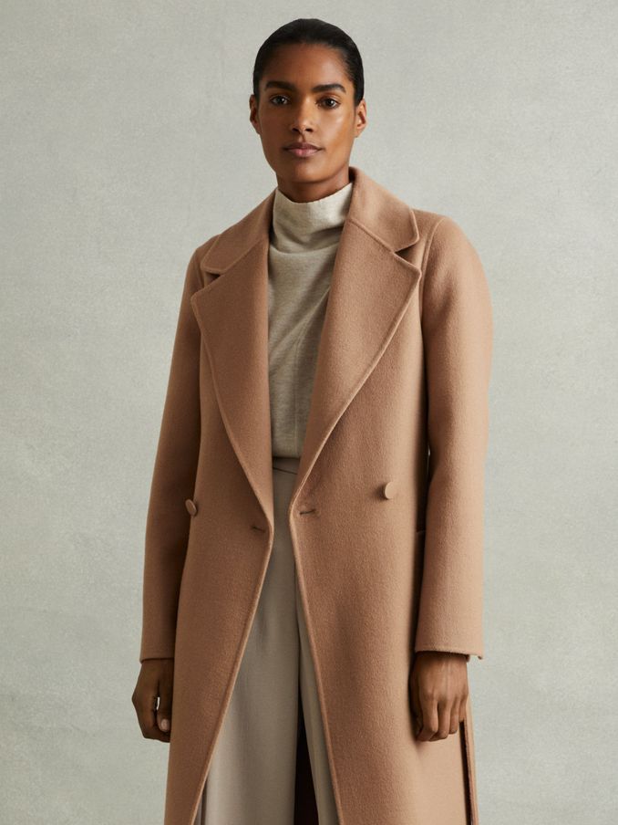 Petite Wool Blend Double Breasted Blindseam Coat in Light Camel (E13743) | €495