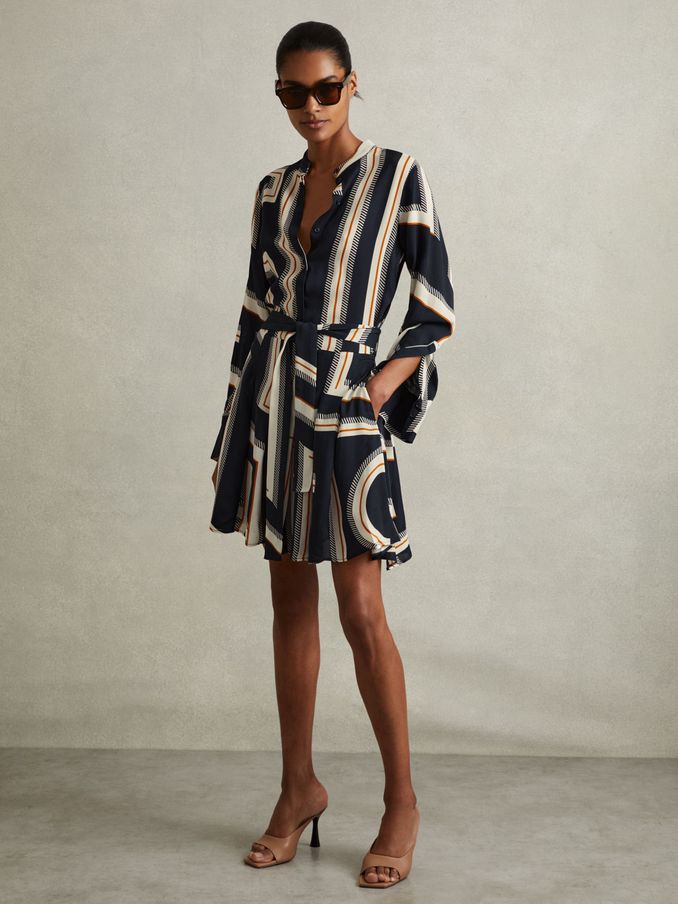 Ciara Navy Geometric Print Belted Mini Dress (E13748) | US$115
