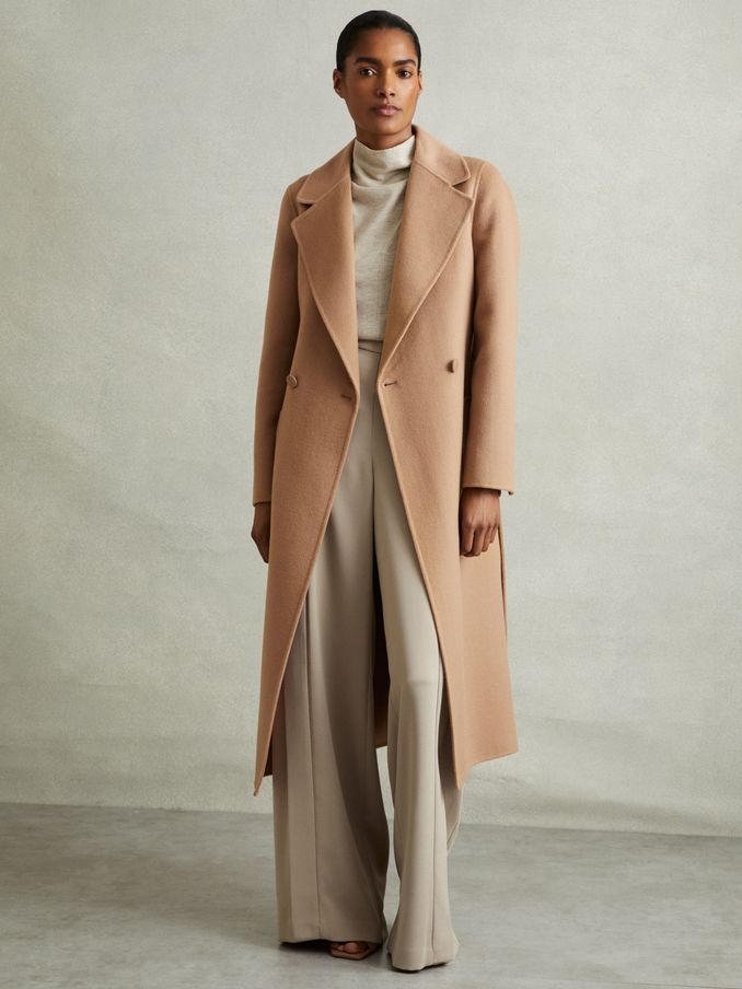 Wool Blend Double Breasted Blindseam Coat in Light Camel (E13756) | CA$660