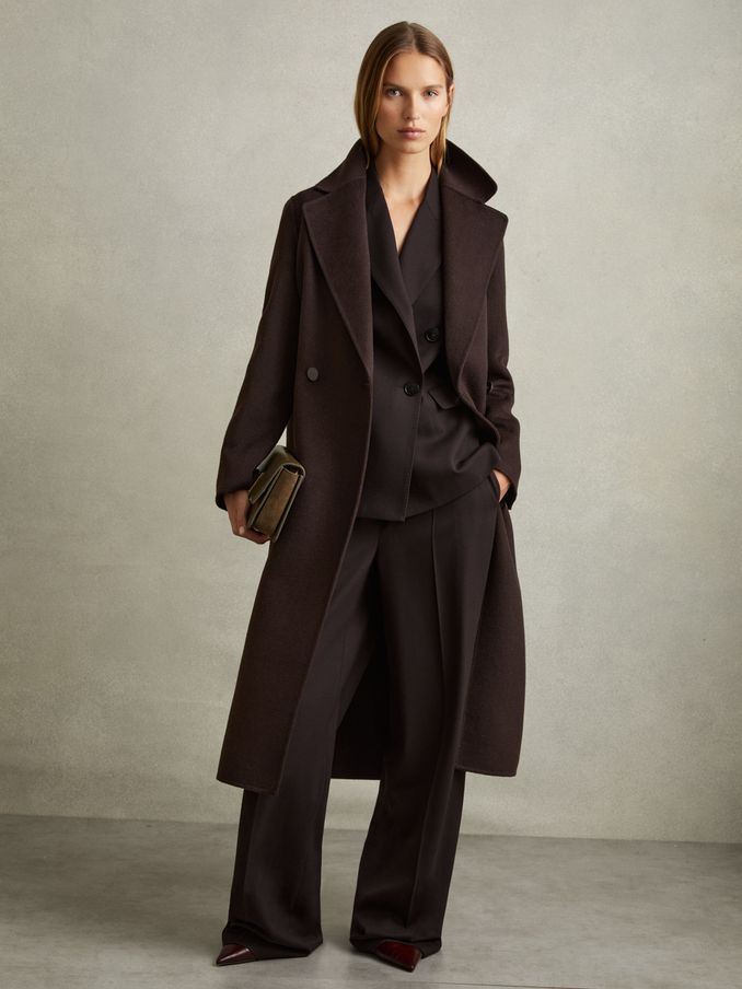 Wool Blend Double Breasted Blindseam Coat in Chocolate (E13758) | €495