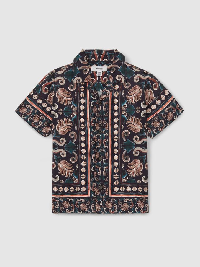 3-9 yrs Ornamental Print Cuban Collar Shirt in Dark Teal (E14718) | US$33