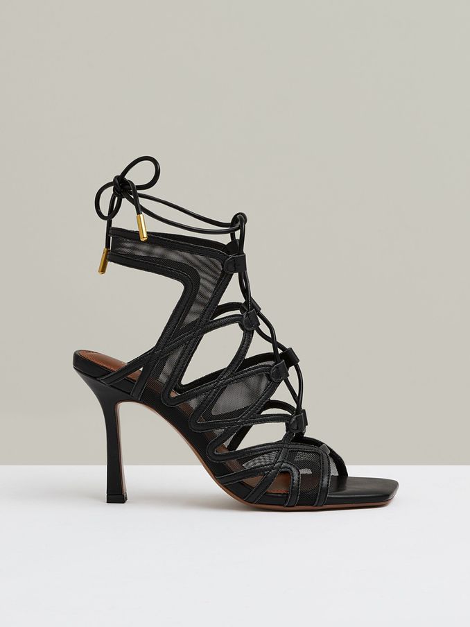 Mesh Leather Strappy Heels in Black (E14721) | US$171