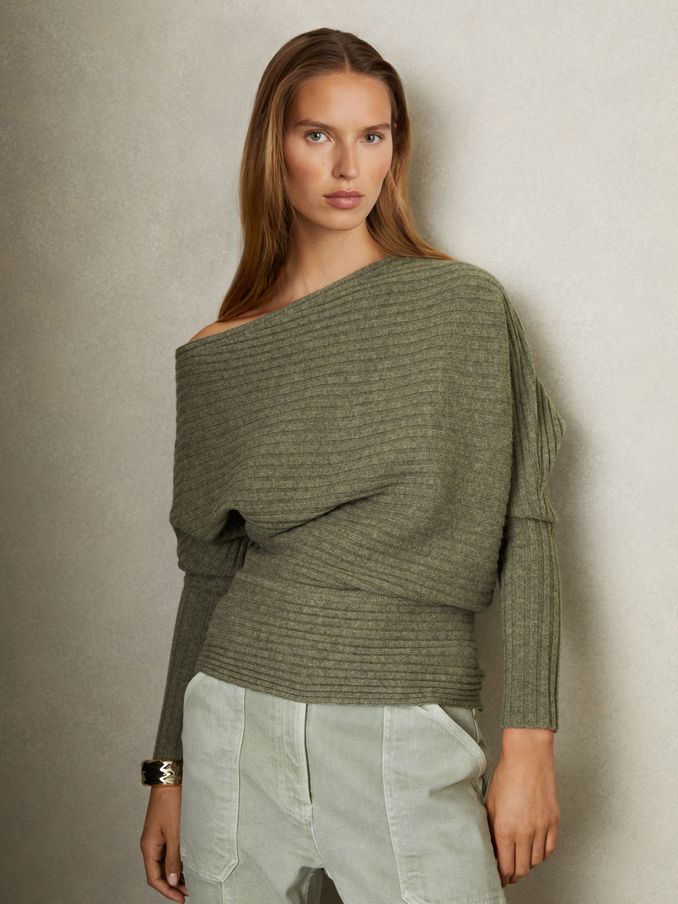 Wool-Cashmere Off-The-Shoulder Draped Jumper in Sage (E14724) | HK$765