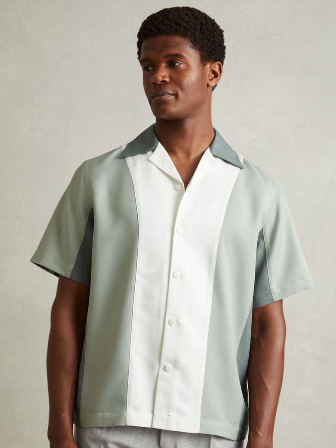 Colourblock Cuban Collar Shirt in Green Multi (E14726) | US$56