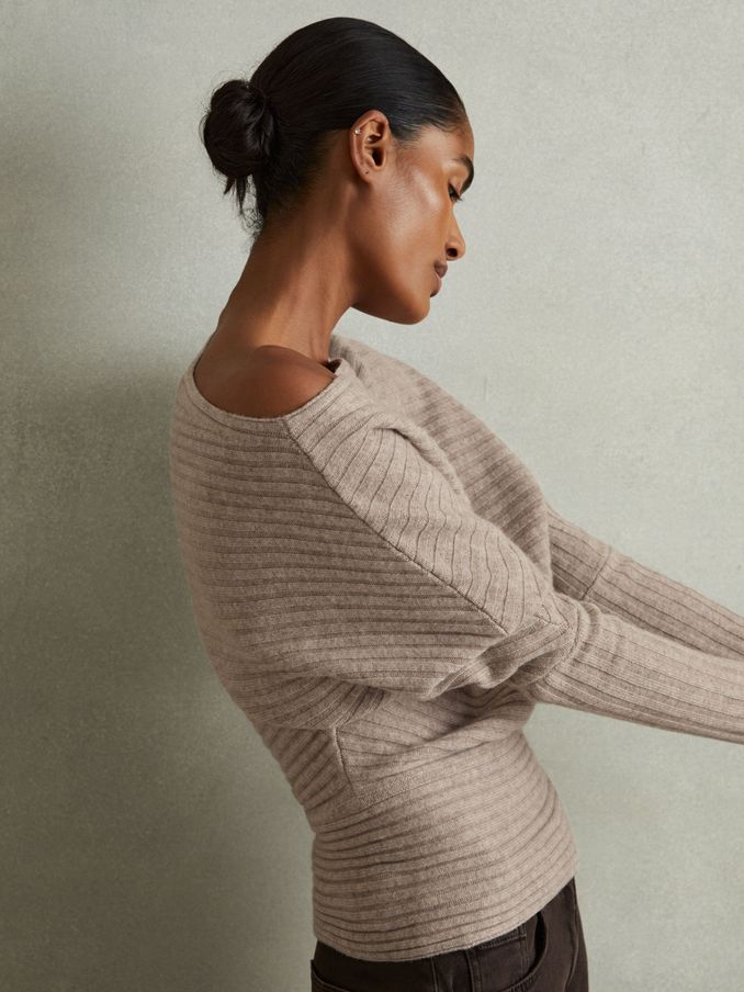Wool-Cashmere Off-The-Shoulder Draped Jumper in Neutral (E14727) | US$95