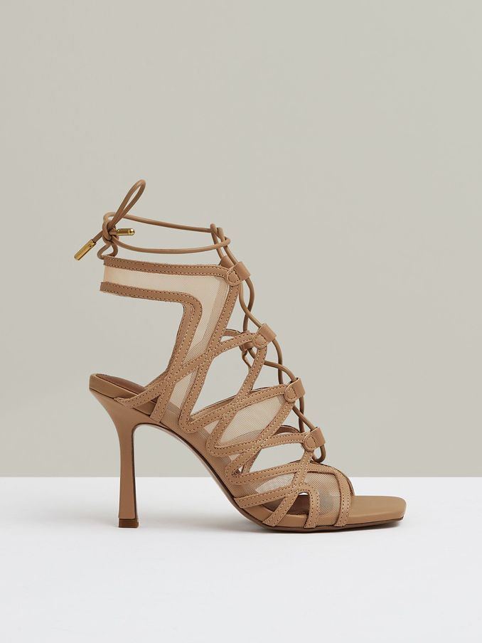 Mesh Leather Strappy Heels in Neutral (E14735) | US$149