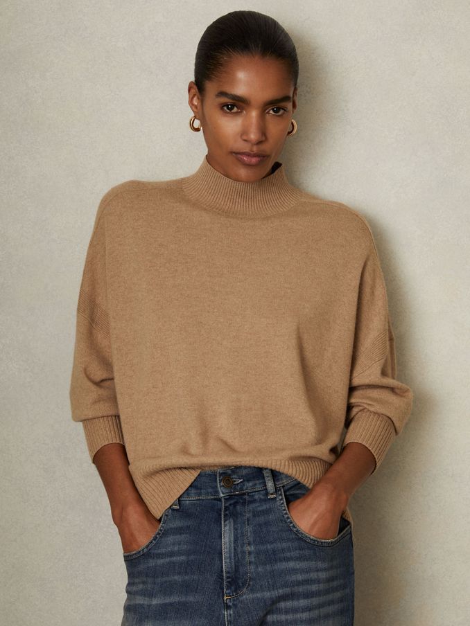 Wool Blend Funnel Neck Jumper in Camel (E14737) | CA$190