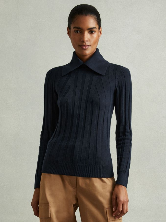 Ribbed Collared Top in Teal (E14740) | €102