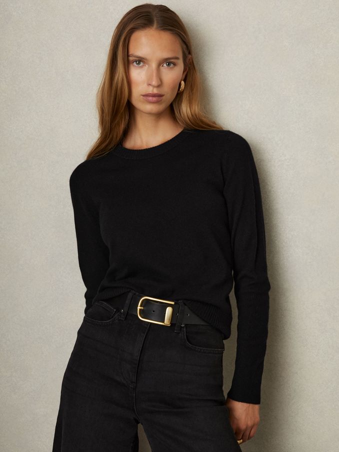 Wool Blend Crew Neck Jumper with Cashmere in Black (E14743) | US$160