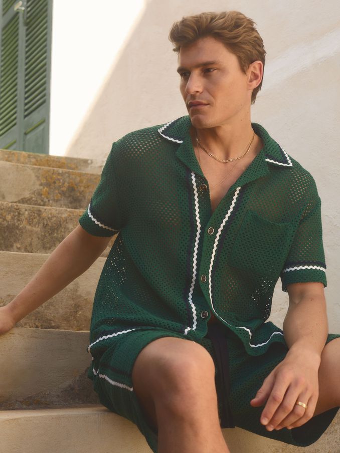 Lucca Dark Green Ché Crochet Contrast Trim Cuban Collar Shirt (E14744) | €67
