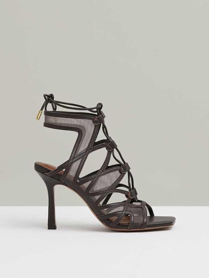 Mesh Leather Strappy Heels in Chocolate (E14749) | US$113