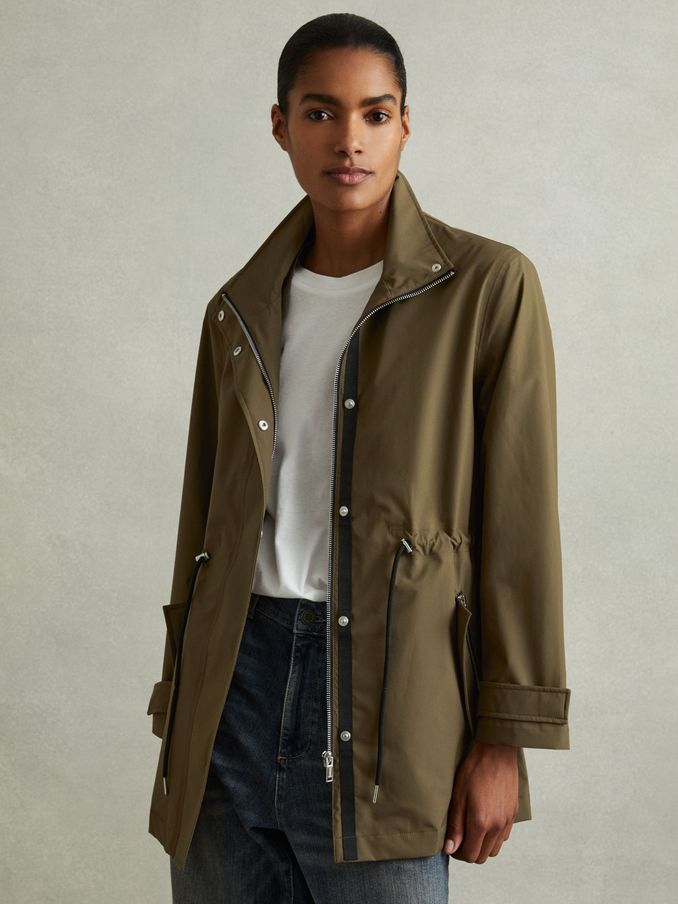 Removable Hooded Insert Water Repellent Raincoat in Khaki (E14751) | €192