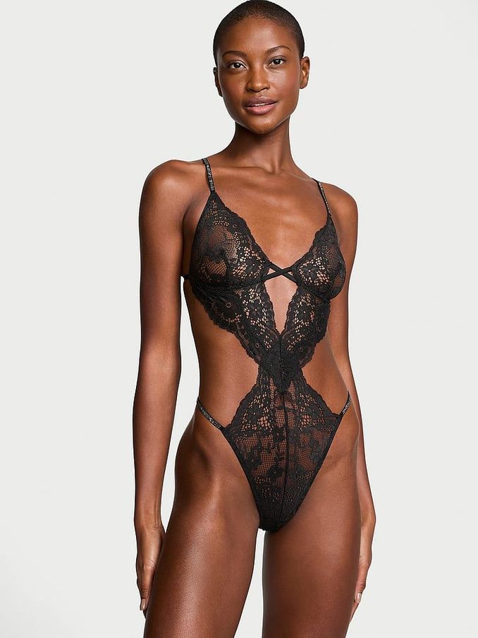 Black Twinkle Strap Lace Crotchless Bodysuit (E16318) | €98